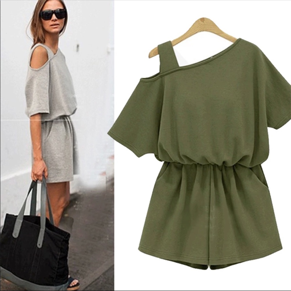 simple chic oblique Shoulder elastic waist romper - Picture 3 of 6